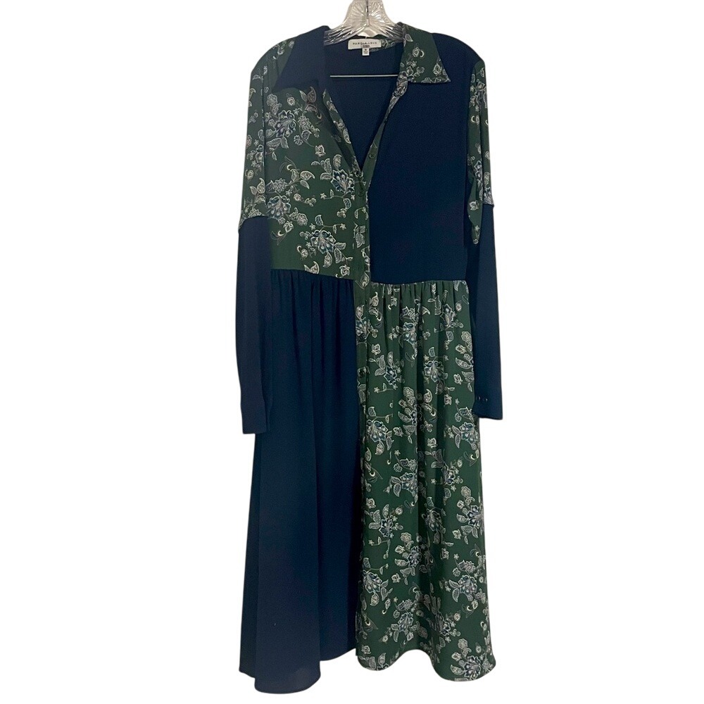 Pamela Love Green and Black Floral Patchwork Midi Dress